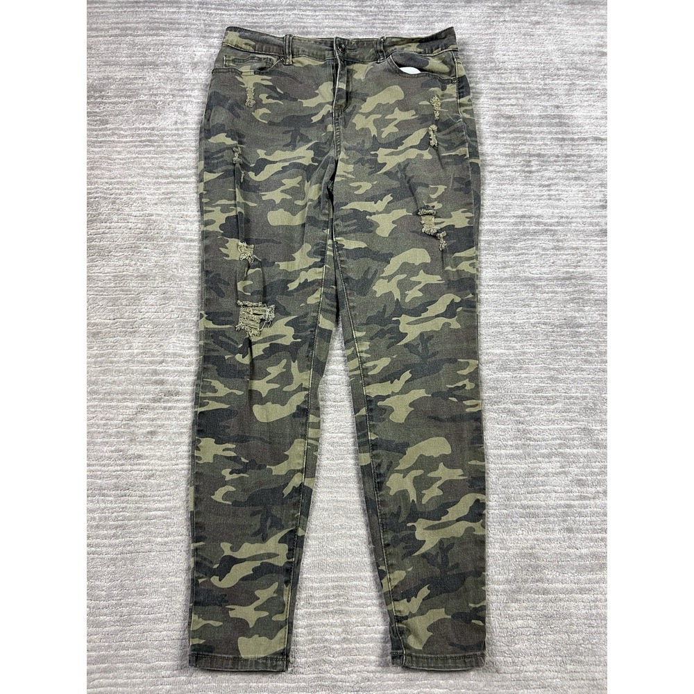 Elite Jeans Womens 11/12 Green Camouflage Distressed Skinny High Rise‎